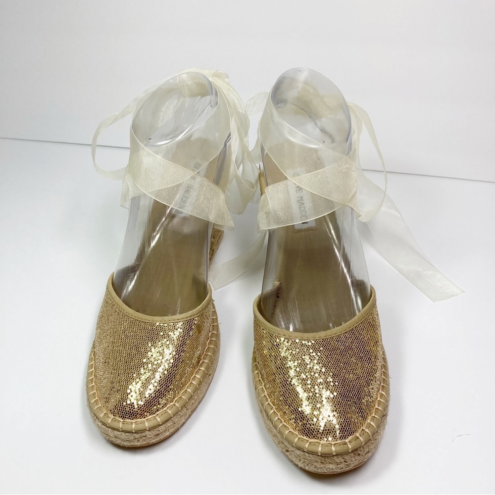Steve Madden Boca Ankle Tie Gold Glitter Toe Rope Wedge - Picture 2 of 11